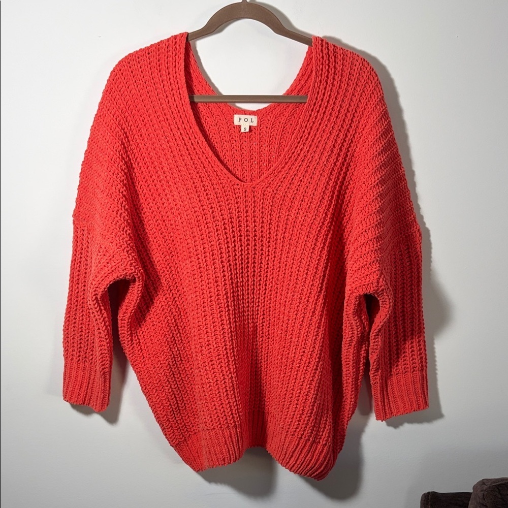 Pol Chenille Coral V-Neck Chunky Knit Women's Sweater - Oversized - Small